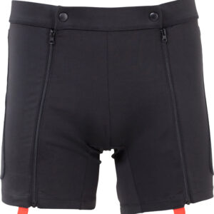 Perfect for post-surgery comfort, these black underwear shorts feature a stretchable waistband, a hint of red detailing at the hem, and are designed as No-Bend Clothing for Hip Surgery.